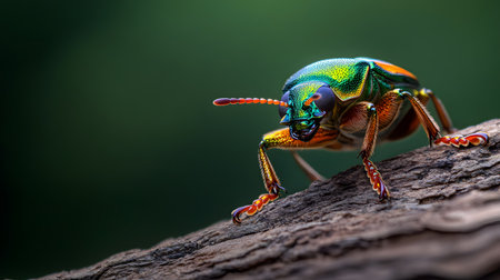 A vibrant jewel beetle with iridescent green and blue colors is captured in extreme closeup on a textured tree branch.の素材