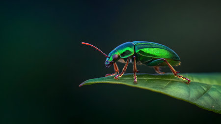 A stunning metallic green beetle with iridescent sheen walks along the edge of a green leaf. The dark background emphasizes its vibrant colors.の素材