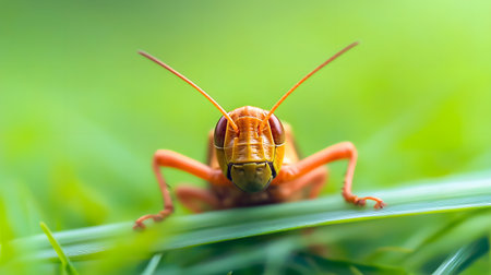 An orange grasshopper stares directly at the camera, its antennae prominent against a soft green background.の素材