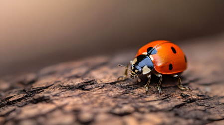 A vibrant ladybug crawls across a rough wooden surface. The shallow depth of field highlights the insects intricate details.の素材