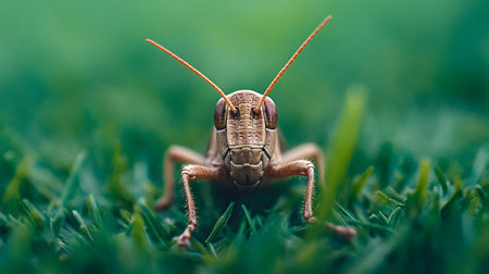 A detailed macro shot of a grasshopper resting on lush green grass. The insects textured exoskeleton and long antennae are prominent in this natural setting.の素材