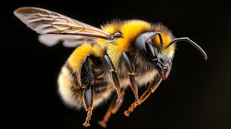 A detailed macro shot captures a fuzzy bumblebee in midflight against a stark black backdrop.の素材