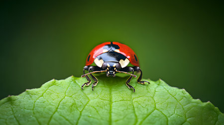 A vibrant ladybug is perched on a textured green leaf, facing forward. The macro perspective highlights its intricate details and the lush natural environment.の素材