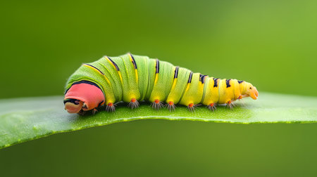 A brightly colored caterpillar with a striking red face rests on a lush green leaf. Its segmented body displays yellow and black markings, hinting at its future transformation.の素材