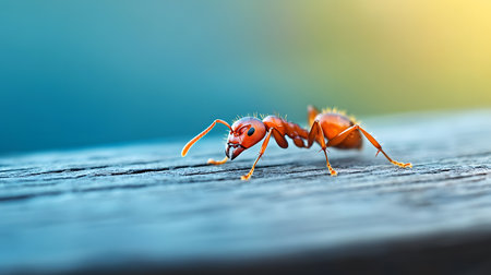 An ant is captured in a macro photograph as it traverses a wooden surface with a blurred blue and yellow background. The lighting highlights the insects form and the environment.の素材