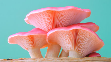 Delicate pink oyster mushrooms are displayed against a vibrant teal background. Their intricate gills are illuminated, showcasing their unique beauty.の素材