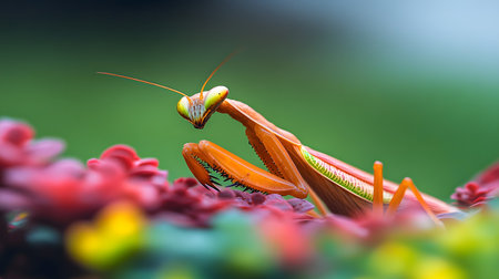 A vibrant orange praying mantis is captured in a macro shot, perched on delicate red flowers. Its intricate details and bright colors stand out against the soft green background.の素材