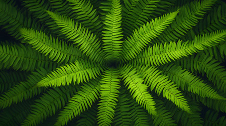 A vibrant green fern unfurls its delicate fronds in a radial pattern. The intricate design creates a mesmerizing natural symmetry.の素材