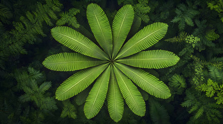 A striking radial pattern of lush green leaves creates a mandalalike design amidst a backdrop of dense foliage. The composition feels balanced and harmonious.の素材