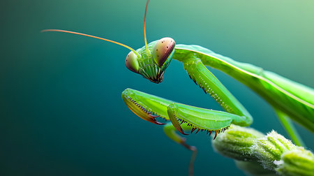 A vibrant green praying mantis is captured in extreme closeup, showcasing its intricate eyes and predatory stance.の素材