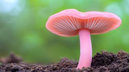 A delicate pink mushroom emerges from dark soil, its gills clearly visible. The soft green bokeh background enhances the ethereal and gentle mood.の素材