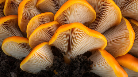 A detailed close up of bright orange oyster mushrooms showing their intricate gill structure. The rich color and texture create a visually striking image.の素材