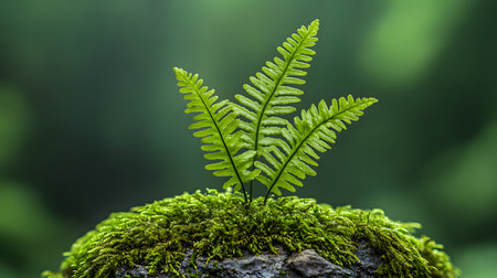 A delicate fern sprout emerges from a mosscovered rock, symbolizing new life and resilience. The soft focus background enhances the feeling of a peaceful, natural setting.の素材