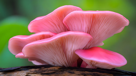 Vibrant pink oyster mushrooms cluster together on a weathered piece of wood. Their delicate gills are illuminated, creating a soft, organic glow.の素材