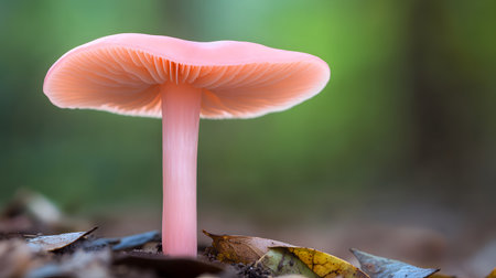 A delicate pink mushroom stands tall with its smooth stem and translucent gills in a soft focus woodland setting. The gentle color evokes a sense of tranquility.の素材