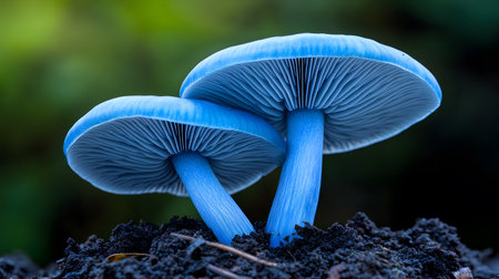 Two striking blue mushrooms with delicate gills push through dark soil in a forest setting. The vivid blue caps contrast beautifully with the earthy tones of their surroundings.の素材