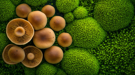 A cluster of brown mushrooms rests on a bed of vibrant green moss. The natural textures create a sense of organic beauty.の素材