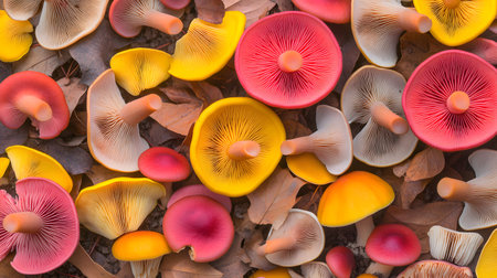 A collection of brightly colored mushrooms in shades of pink, yellow, and red are scattered across a bed of fallen autumn leaves.の素材