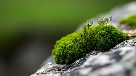 Tiny green moss sprouts from a rough textured rock. The shallow depth of field highlights the intricate details of the plant.の素材