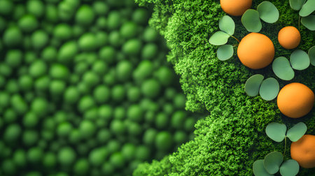 A rich tapestry of vibrant green moss is adorned with bright orange fruits and delicate clover leaves. This composition evokes a sense of natural abundance and freshness.の素材