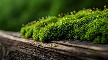 Intricate green moss carpets a textured piece of weathered wood. The shallow depth of field highlights the delicate beauty of the tiny sprouts.の素材