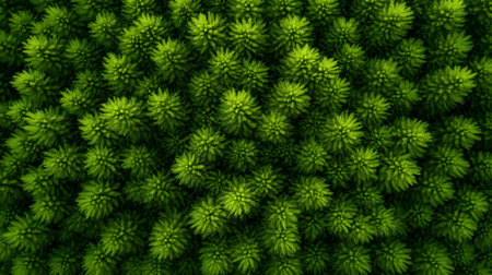 An aerial perspective reveals a dense forest canopy with countless evergreen trees. The lush green foliage creates a sense of natural abundance and tranquility.の素材