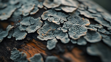 Detailed macro shot of grey lichen growing on weathered tree bark. The intricate patterns create a natural abstract texture.の素材