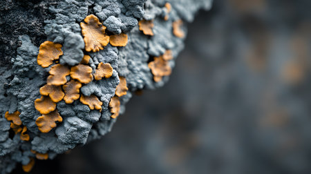 Vibrant orange lichen clings to a textured grey rock surface. The closeup view highlights the intricate details of this natural growth.の素材
