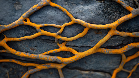 Vibrant orange lichen grows in a network pattern across a dark, textured rock surface. The organic lines create a visually striking abstract composition.の素材