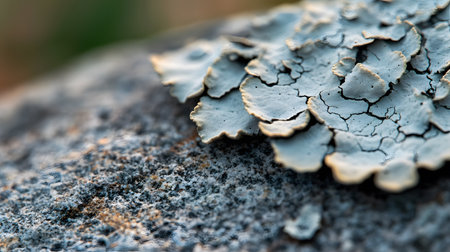 This macro photograph reveals the textured surface of a bluegray lichen with a network of fine cracks, clinging to a speckled granite stone.の素材