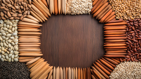 A circular border of various nuts seeds and grains surrounds a dark wooden surface, offering a rich tapestry of natural ingredients.の素材