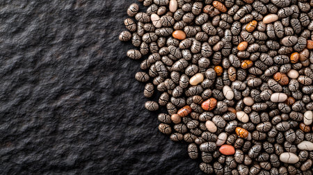 Tiny chia seeds are artfully arranged on a dark, textured stone surface. The image highlights the intricate patterns and diverse colors of these nutritious seeds.の素材