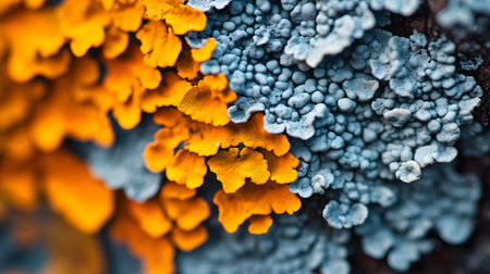 Closeup view of textured lichen in striking orange and blue hues. The intricate patterns create a visually captivating natural abstract.の素材