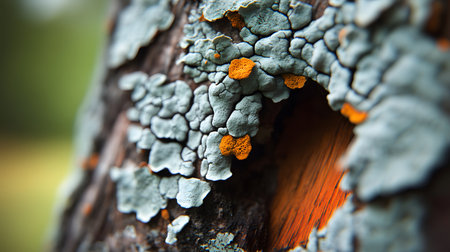 Colorful lichen grows on the rough surface of tree bark. The vibrant orange and grey patterns create a unique natural texture.の素材
