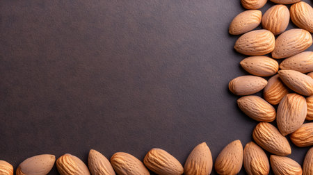 A collection of whole almonds is arranged along the bottom and right edges of a dark textured surface.の素材