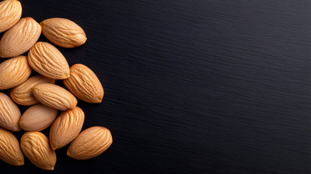 A cluster of whole almonds is arranged on a dark, textured slate surface. These nutritious nuts are perfect for snacking or baking.の素材
