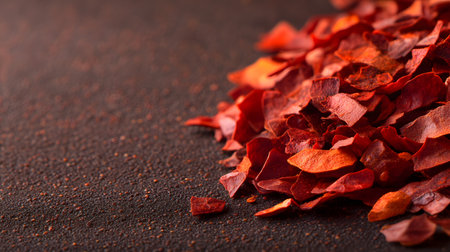 A pile of vibrant red chili flakes is scattered across a dark textured surface. The closeup view highlights the spicy and flavorful nature of the ingredient.の素材