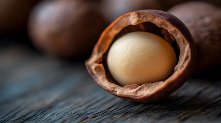 A creamy macadamia nut sits nestled within its cracked brown shell, highlighting its smooth texture. The surrounding nuts are blurred, emphasizing the central subject.の素材
