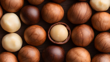 A collection of macadamia nuts, some in their shells and one cracked open revealing the kernel. The arrangement suggests a rich and decadent treat.の素材