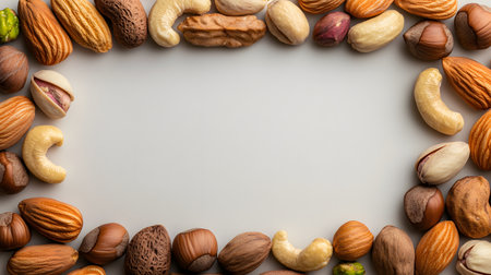 A frame of assorted nuts surrounds a clean white space, perfect for text or design elements. This arrangement offers a healthy and natural aesthetic.の素材