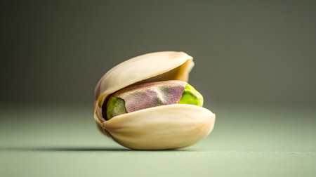 A single pistachio nut sits with its shell slightly open, showcasing the bright green kernel within. The image has a clean, minimalist aesthetic with a soft focus background.の素材