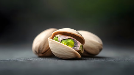 A single pistachio nut is cracked open revealing its vibrant green kernel.の素材