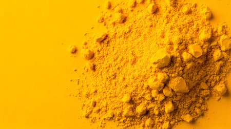 A pile of bright yellow turmeric powder is scattered across a solid yellow background. The rich color and granular texture suggest warmth and flavor.の素材