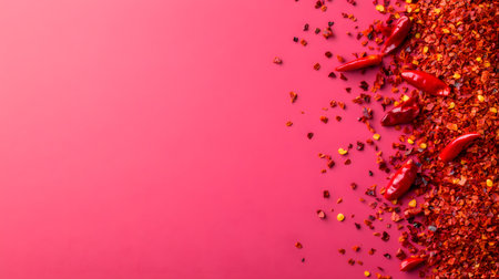Vibrant red chili flakes and whole dried chilies are scattered across a bright pink background. The spicy ingredients evoke a sense of heat and bold flavor.の素材