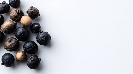Several whole black peppercorns are artfully arranged on a clean white background. This minimalist composition highlights the texture and form of the spice.の素材