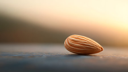 A single almond rests on a dark surface, bathed in the warm glow of a sunset. The soft light highlights the nuts delicate ridges and creates a serene atmosphere.の素材