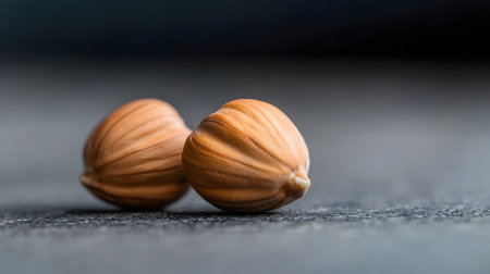 Two whole hazelnuts rest on a dark, textured surface, highlighting their distinct shape and ribbed shell. The image evokes a sense of simplicity and natural elegance.の素材