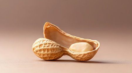 A single peanut is cracked open revealing its creamy kernel. The lighting highlights the texture of the shell and nut.の素材