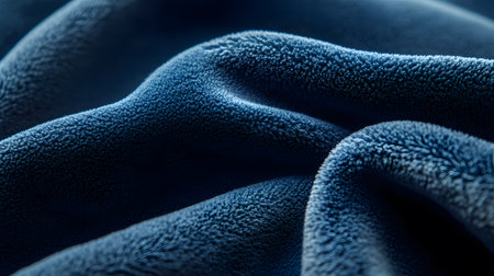 A close up view of plush, deep blue fleece fabric reveals its soft, fuzzy texture and comforting folds.の素材