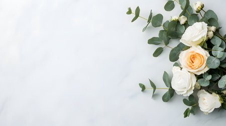 A beautiful arrangement of white and peach roses with eucalyptus branches rests on a light marble surface.の素材